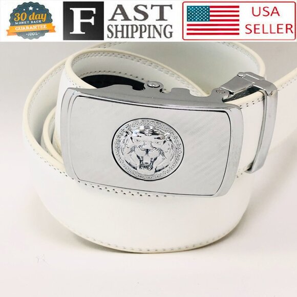 White Leather Ratchet Belt‎ Automatic Lion Buckle Adjustable Dress Belt for Men - Picture 1 of 3